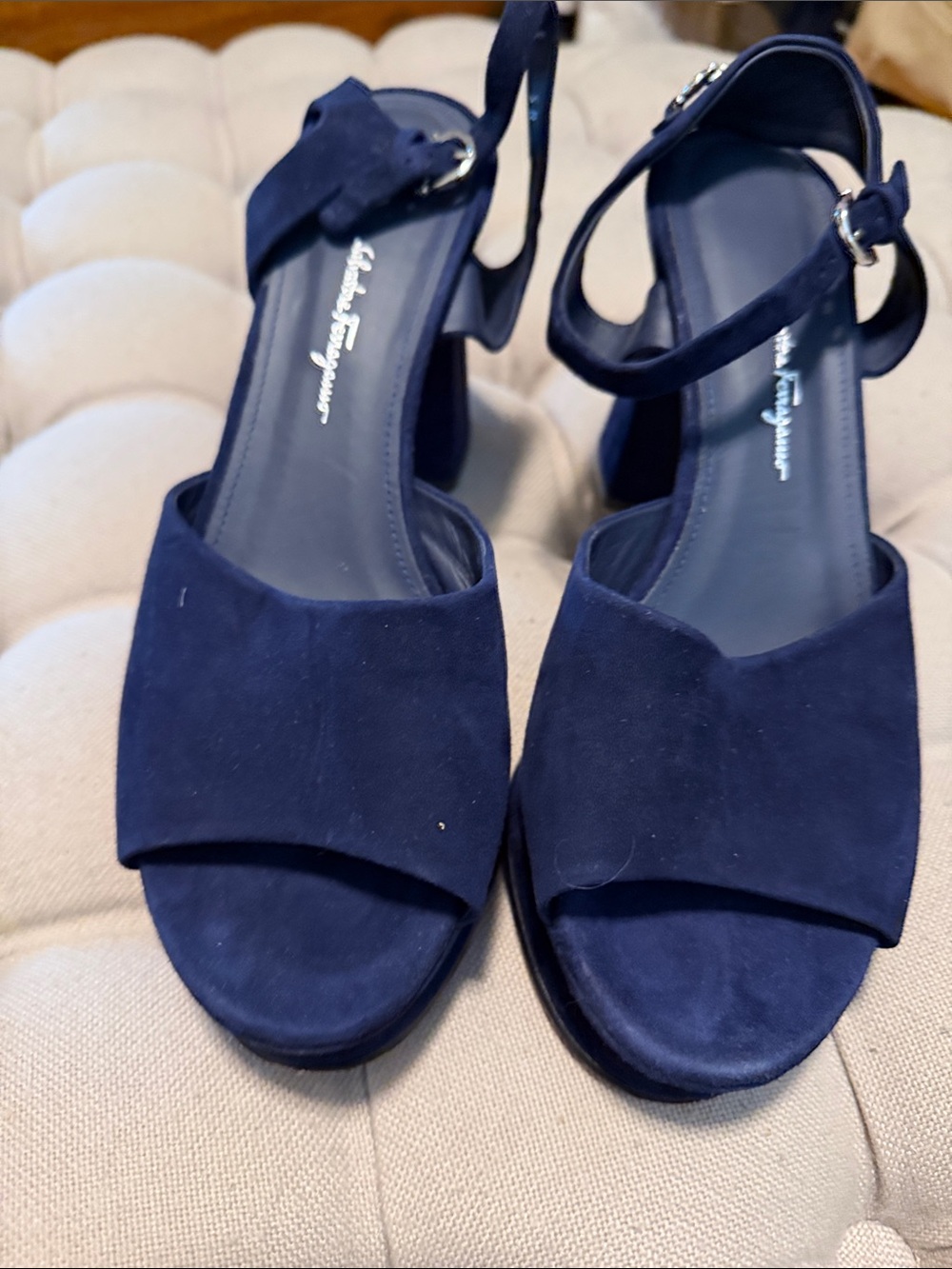 Salvatore Ferragamo Navy Suede Open-Toe Block Heel Sandals
